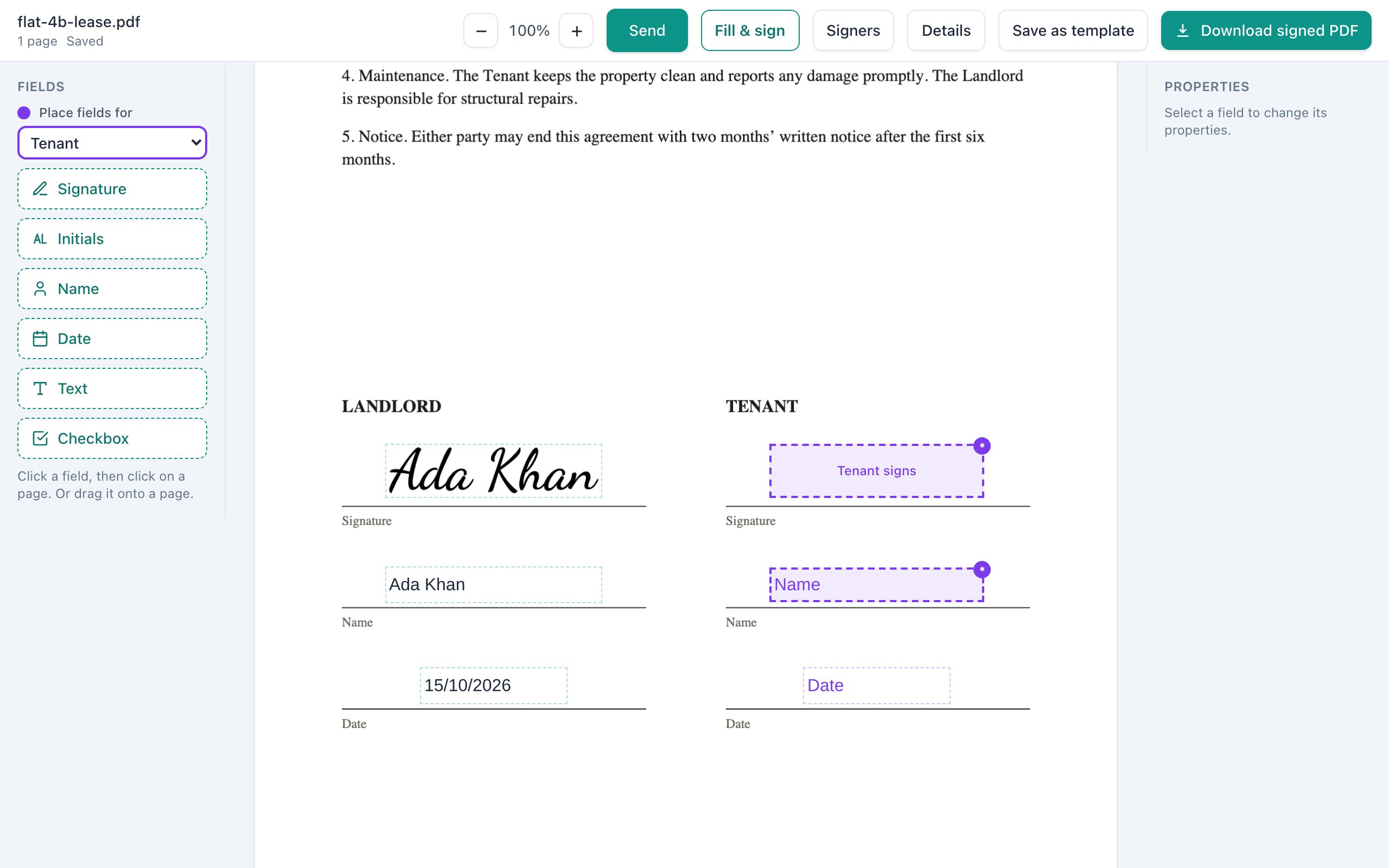 The Signora editor: a PDF with signature, date and name fields placed for two signers